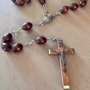 Italian Rosary Brown Wooden Beads with Silver Necklace